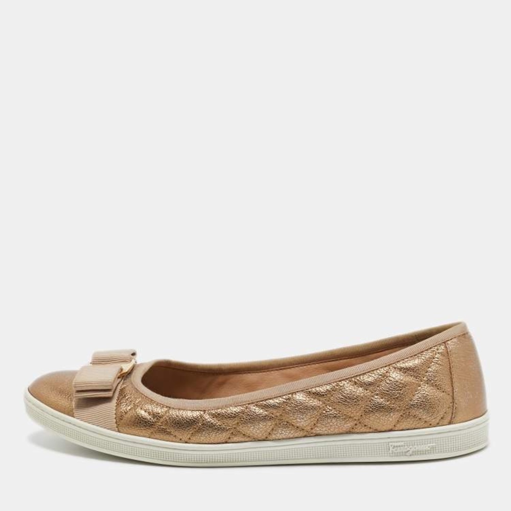 Salvatore ferragamo gold quilted bow ballet flats